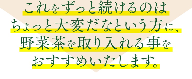 これをずっと続けるのはちょっと大変だなという方に、野菜茶を取り入れる事をおすすめいたします。