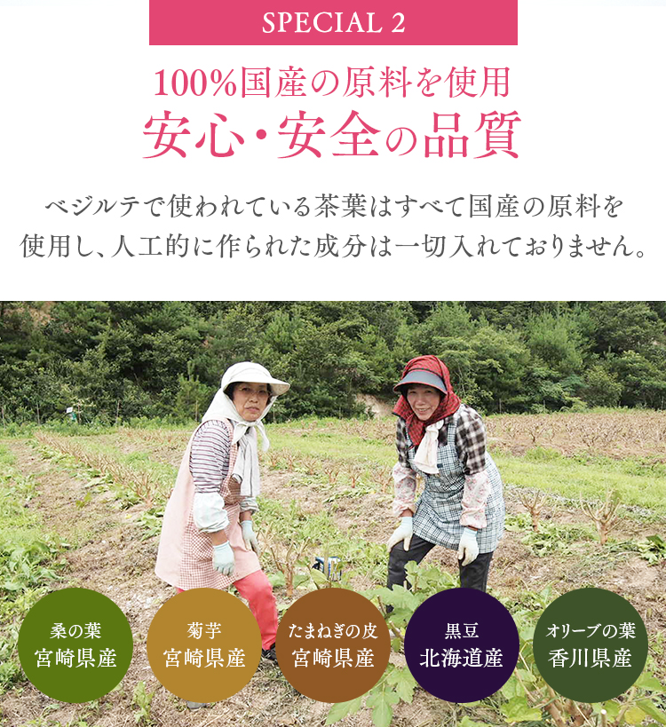 Special 2100%国産の原料を使用 安心・安全の品質 ベジルテで使われている茶葉はすべて国産の原料を使用し、人工的に作られた成分は一切入れておりません。